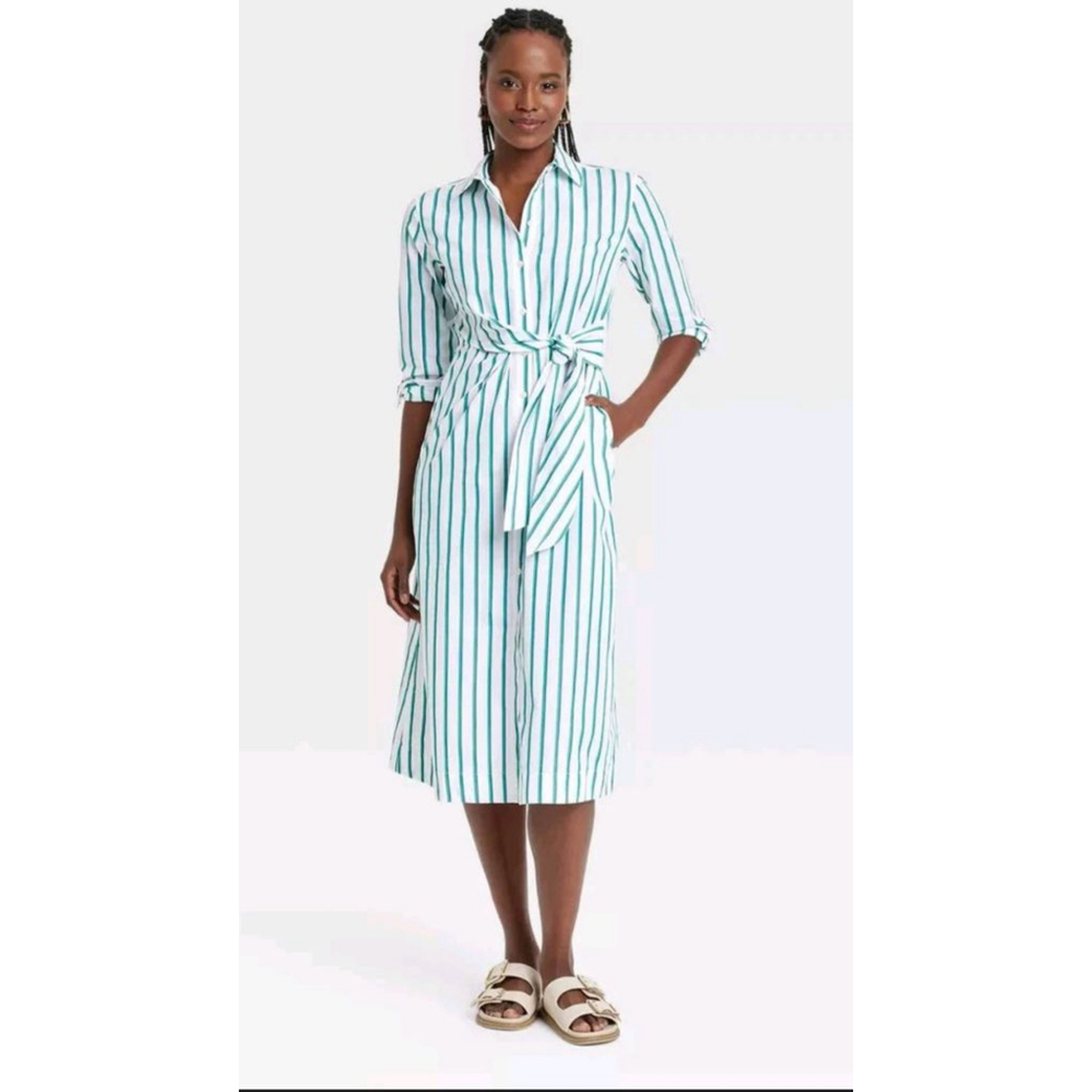 Universal Thread Long Sleeve Tie Front Midi Shirtdress Green White Stripes